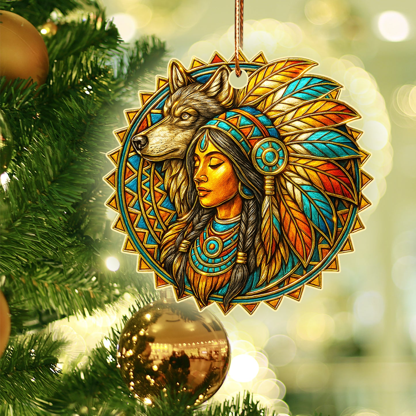 Spirit of the Wolf – Native Woman Ornament  Acrylic  Symbolizing Strength, Wisdom, and the Power of Connection