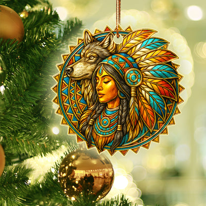 Spirit of the Wolf – Native Woman Ornament  Acrylic  Symbolizing Strength, Wisdom, and the Power of Connection