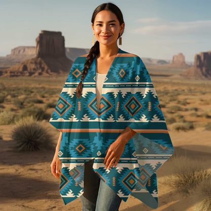 Southwest Spirit Poncho – Bold Teal Geometric Pattern with Tribal Soul