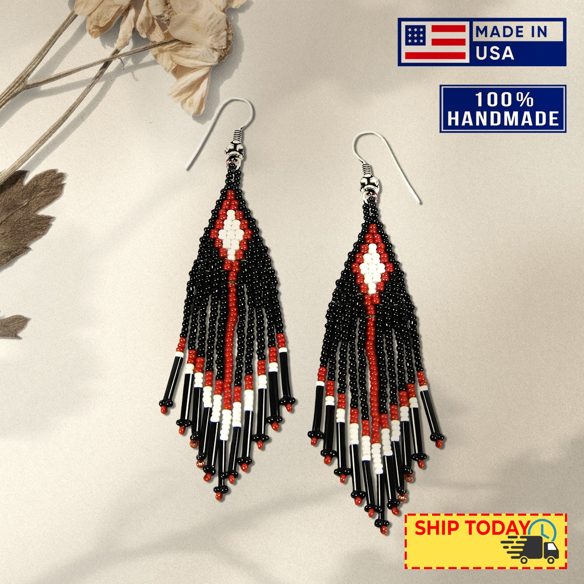 Black Seed Bead Pattern Beaded Handmade Earrings For Women