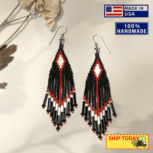 Black Seed Bead Pattern Beaded Handmade Earrings For Women