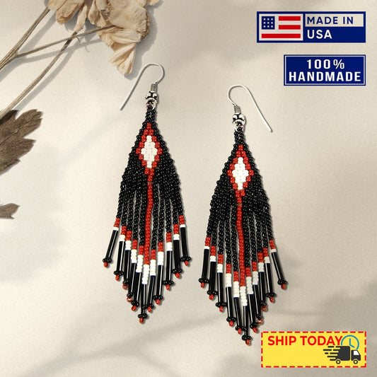 Black Seed Bead Pattern Beaded Handmade Earrings For Women