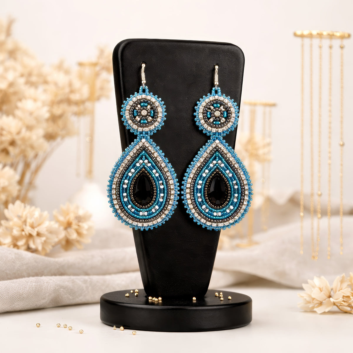 Handmade Beaded Teardrop Czech Blue Gray Earrings