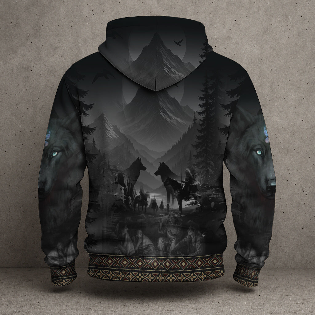 Tribal Wolf Guardian Hoodie – 3D Native Spirit Artwork, Blue Eyes Wolf Totem