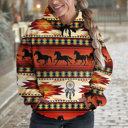 Wild Horse Hoodie – Sunset Tribal Pattern with Dreamcatcher