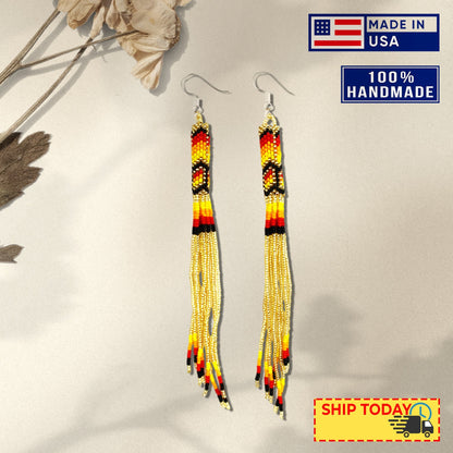 Gold Extra Long Pattern Beaded Handmade Earrings For Women Native Style