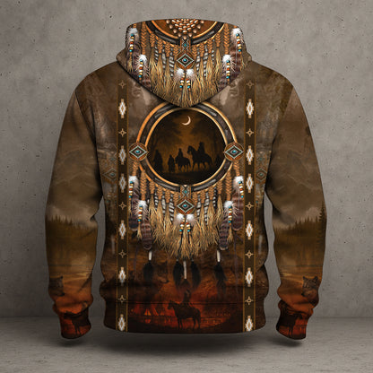 Native Pattern 3D Tribal Hoodie – Feather & Beaded Design with Moonlit Horse Rider Scene