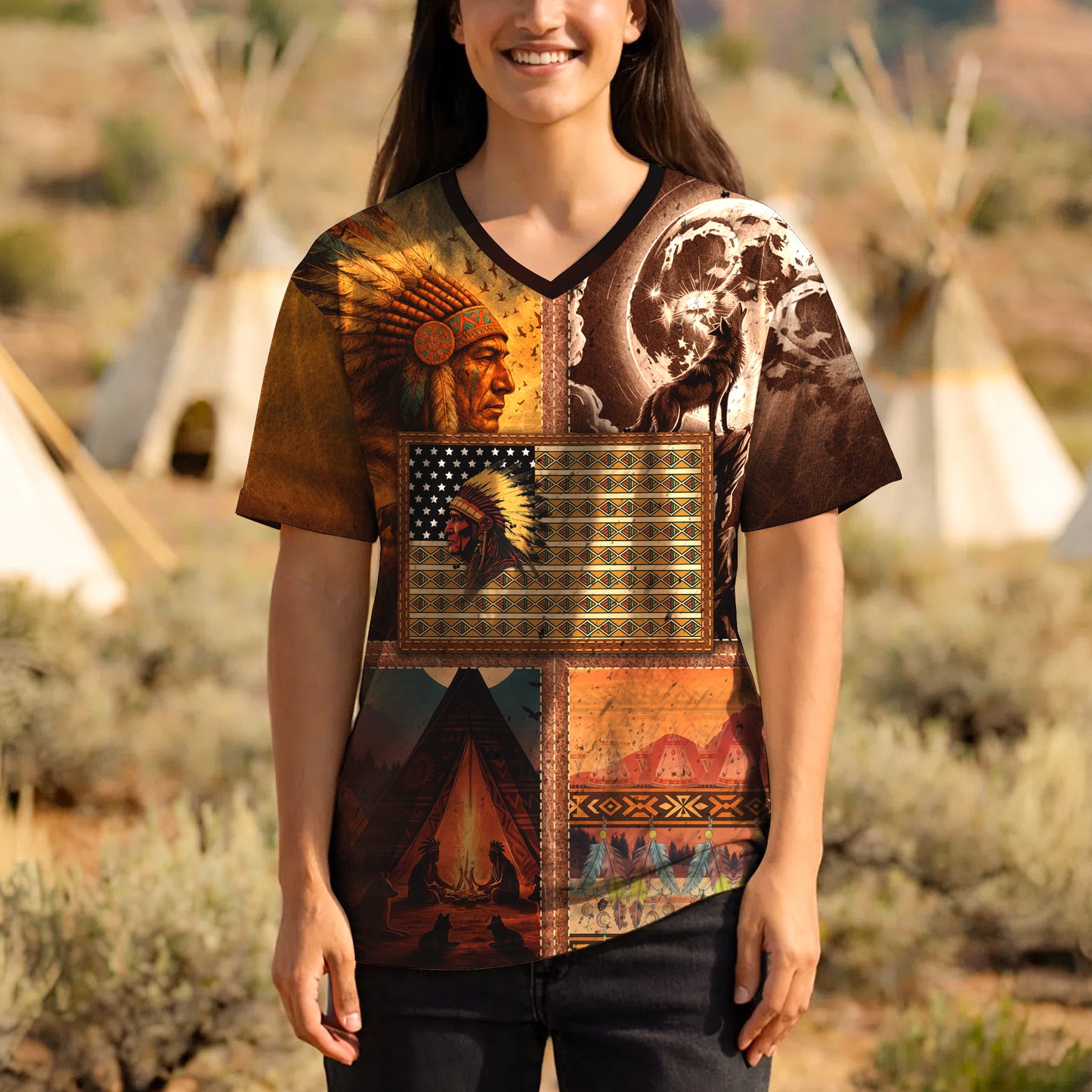 3D T-Shirt " Native Heritage – The Chief Spirit  in Red & Blue, Symbol of Freedom and Pride