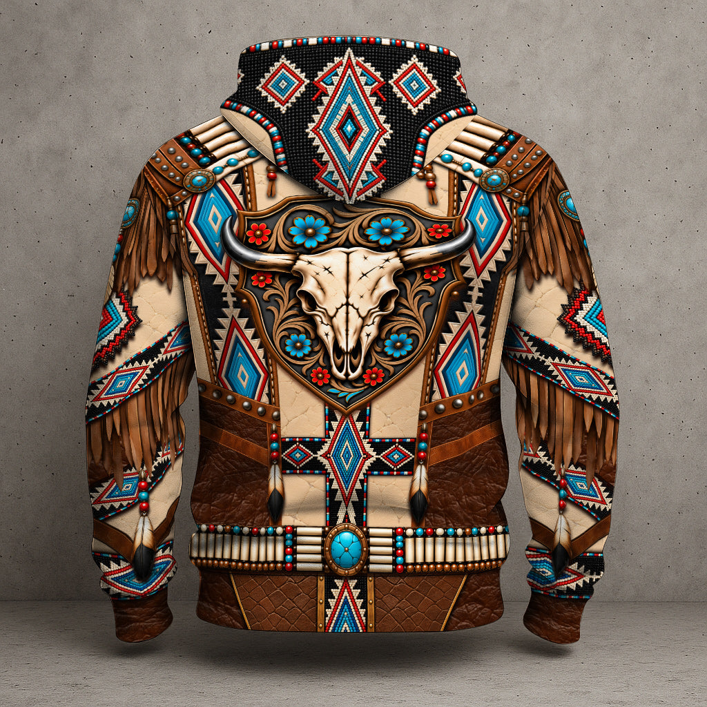 Native American Buffalo Skull Turquoise Tribal Aztec Western Boho Leather Feather Graphic Hoodie