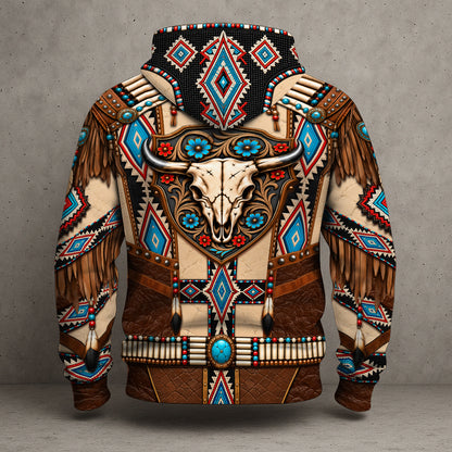 Native American Buffalo Skull Turquoise Tribal Aztec Western Boho Leather Feather Graphic Hoodie
