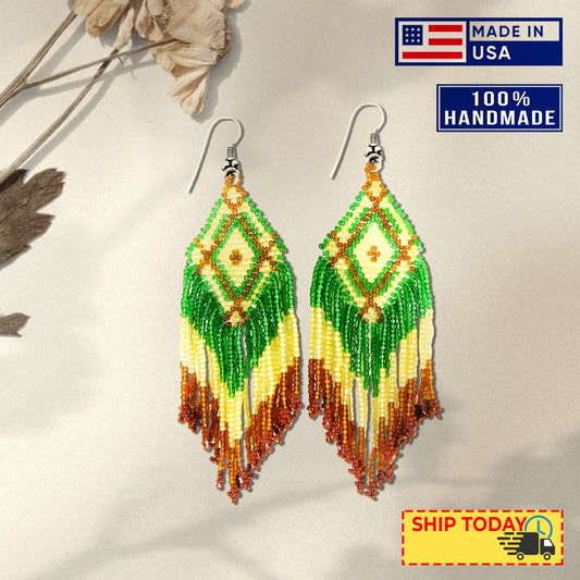 Green Seed Bead Pattern Beaded Handmade Earrings For Women