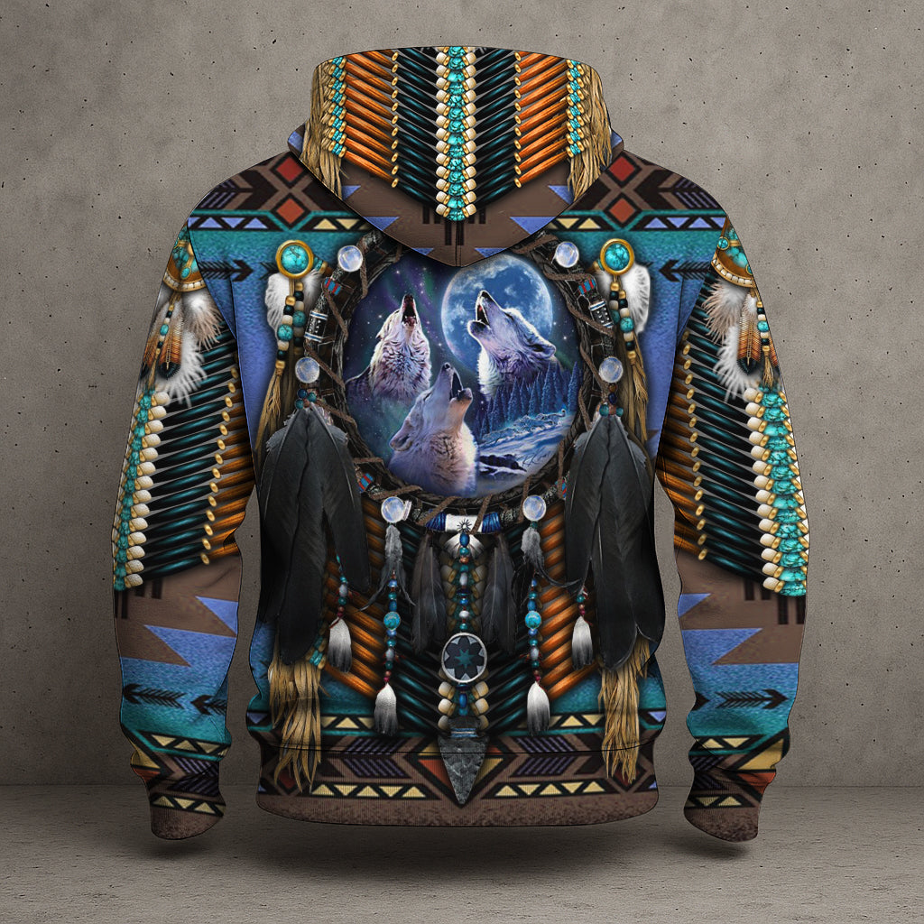 Native American Wolf Moon 3D Hoodie – Tribal Dreamcatcher Spirit Design
