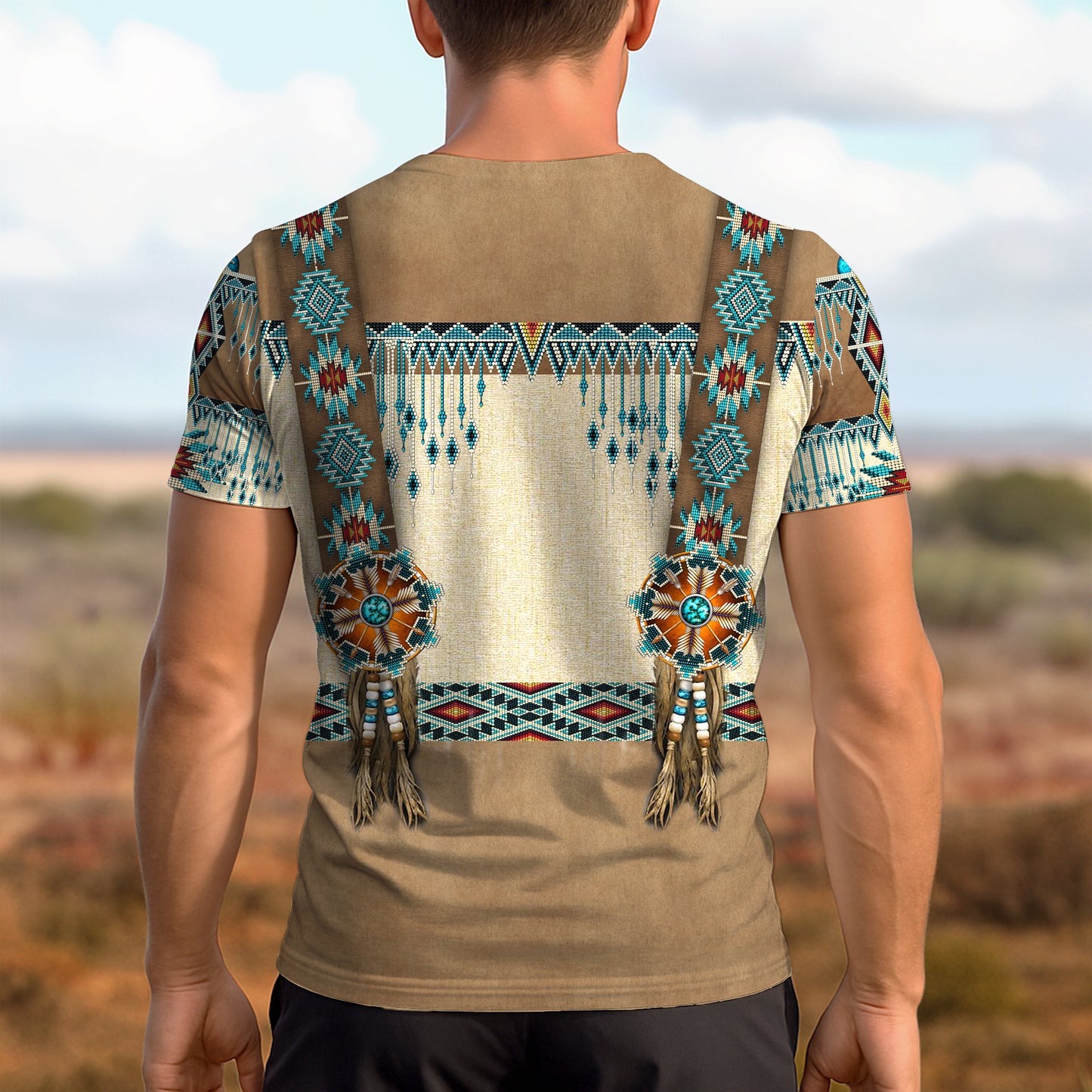 3D T-Shirt " Tribal Beaded Headdress – Turquoise & Feather Pattern"