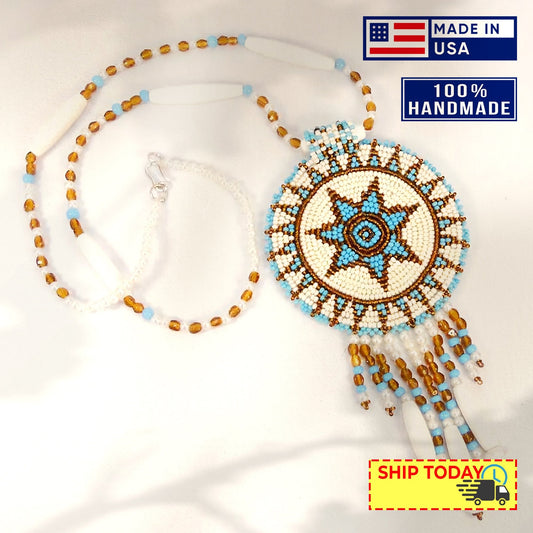 White Turquoise Seed Bead Long Star Medallion Necklace Earrings Set