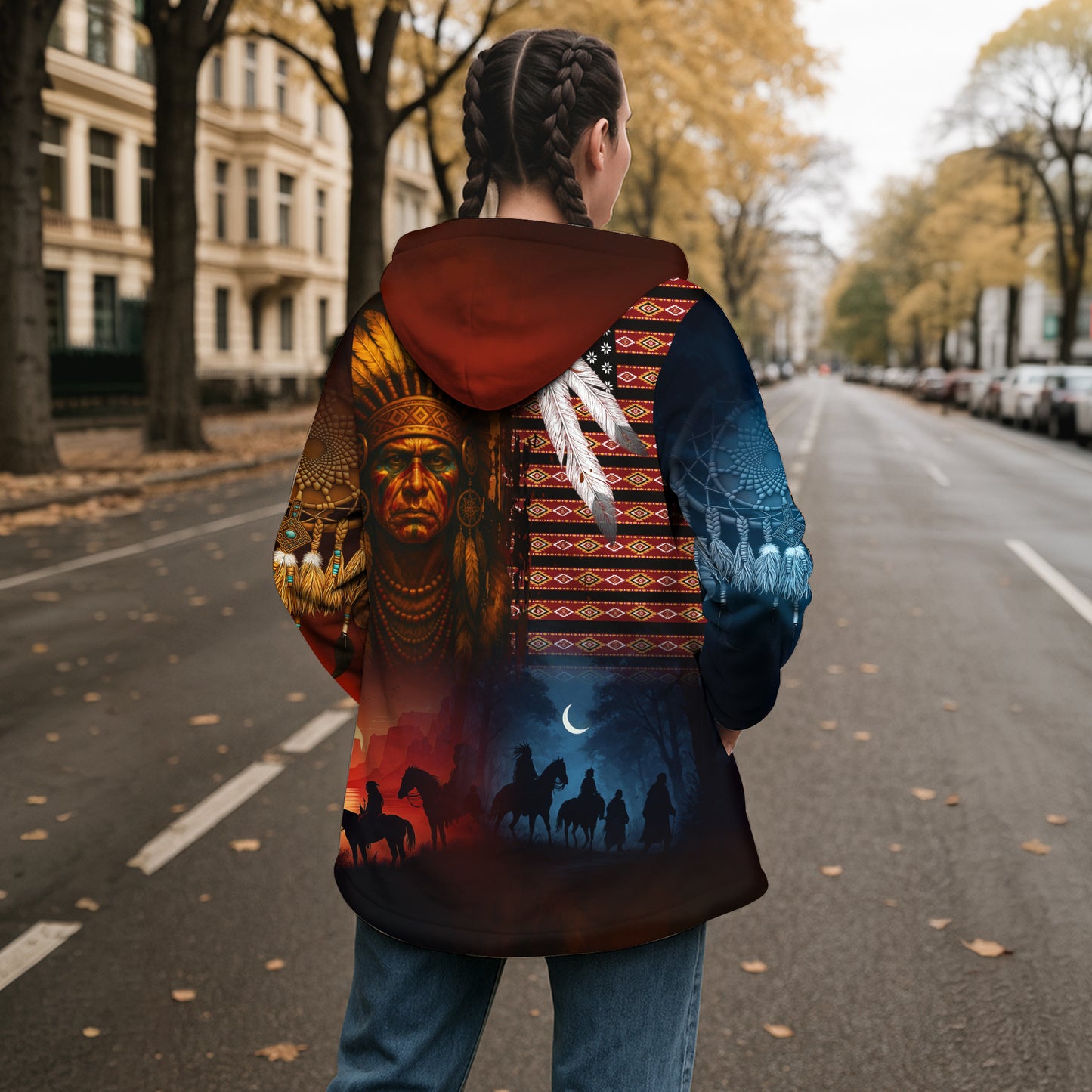 Native Heritage – The Chief Spirit Hoodie in Red & Blue, Symbol of Freedom and Pride