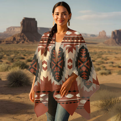 Boho Tribal Poncho with Geometric Native Pattern in Earth Tones