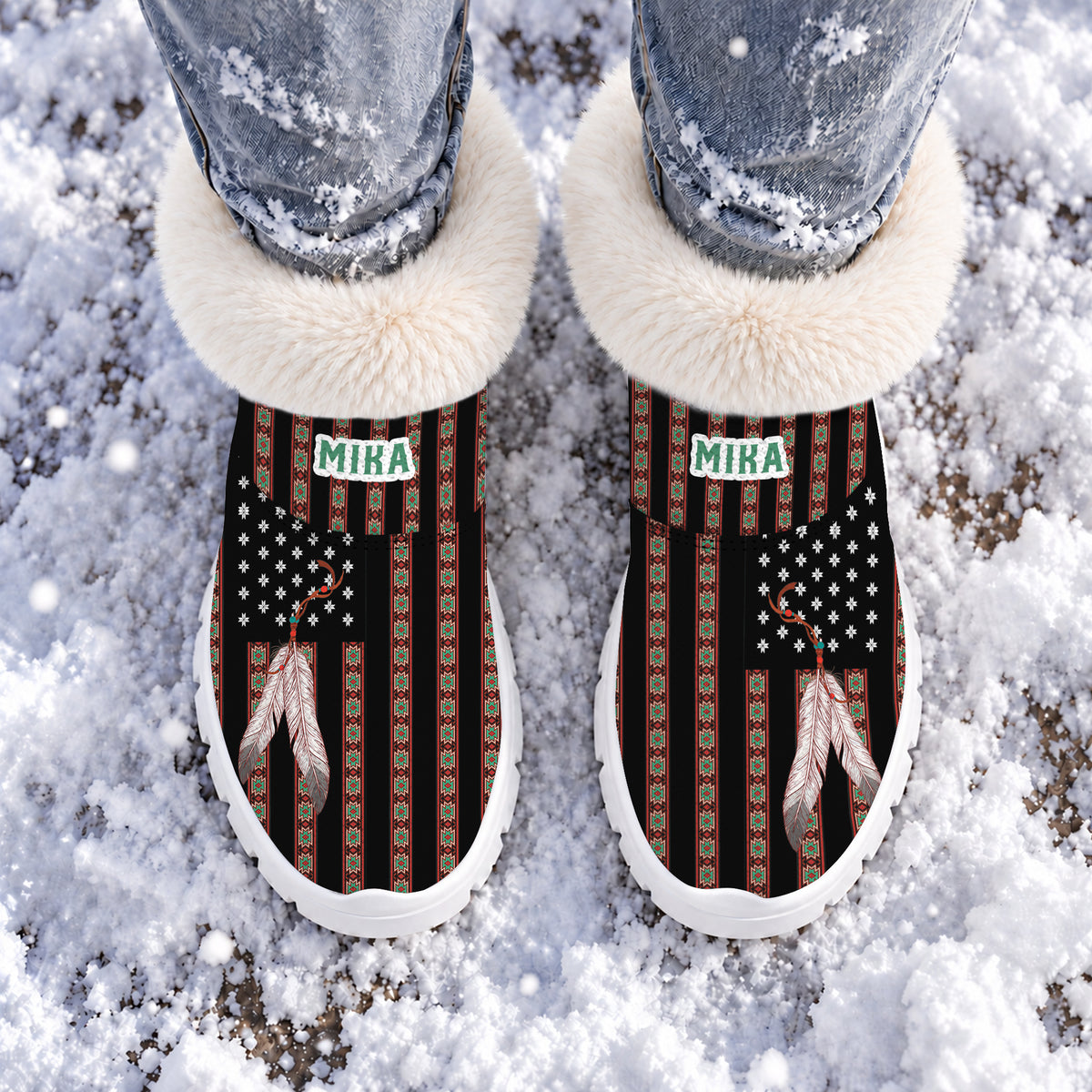 Personalized Snow Boots - Ethnic Stripes & Feather Pattern Great Gift Idea