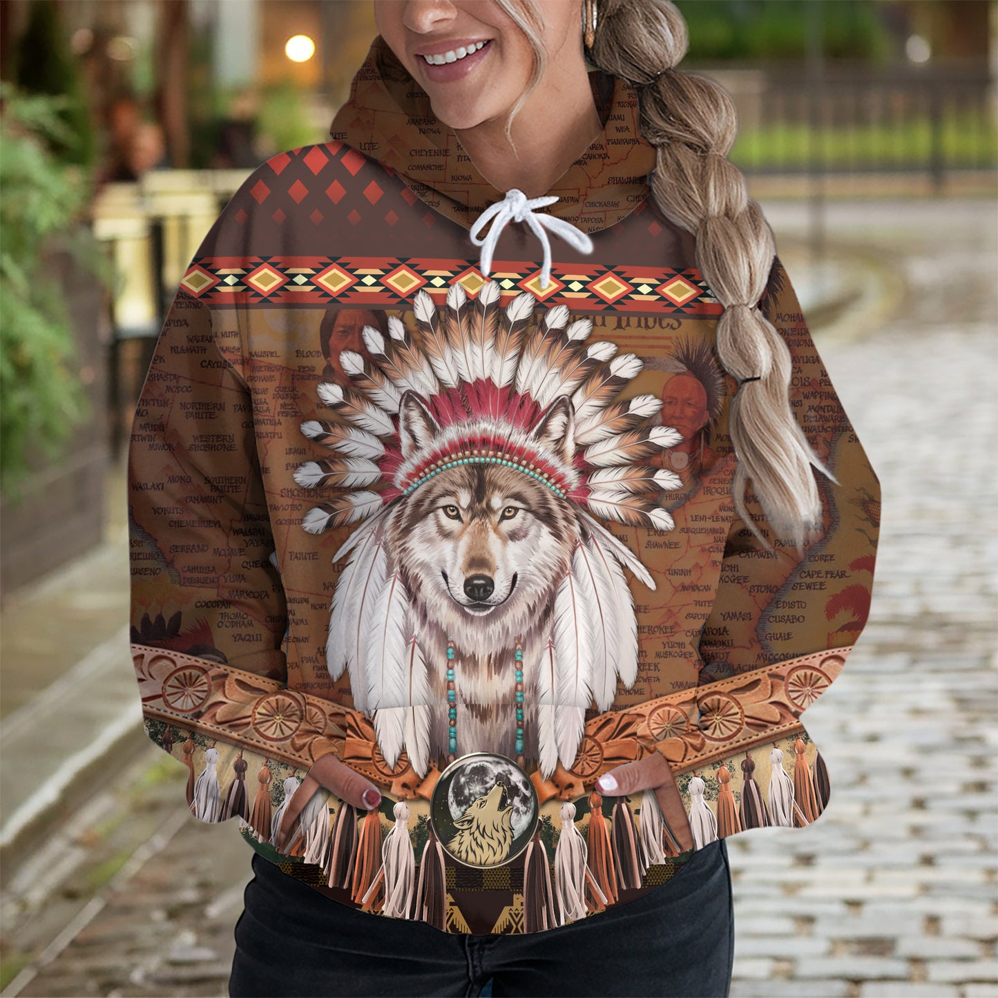 Wolf Chief Hoodie – Tribal Headdress, Feather & Cultural Pattern