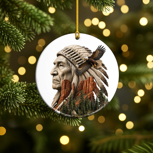 Indigenous Warrior & Eagle Mountain Christmas Ornament – Native Heritage Ceramic Holiday Decor
