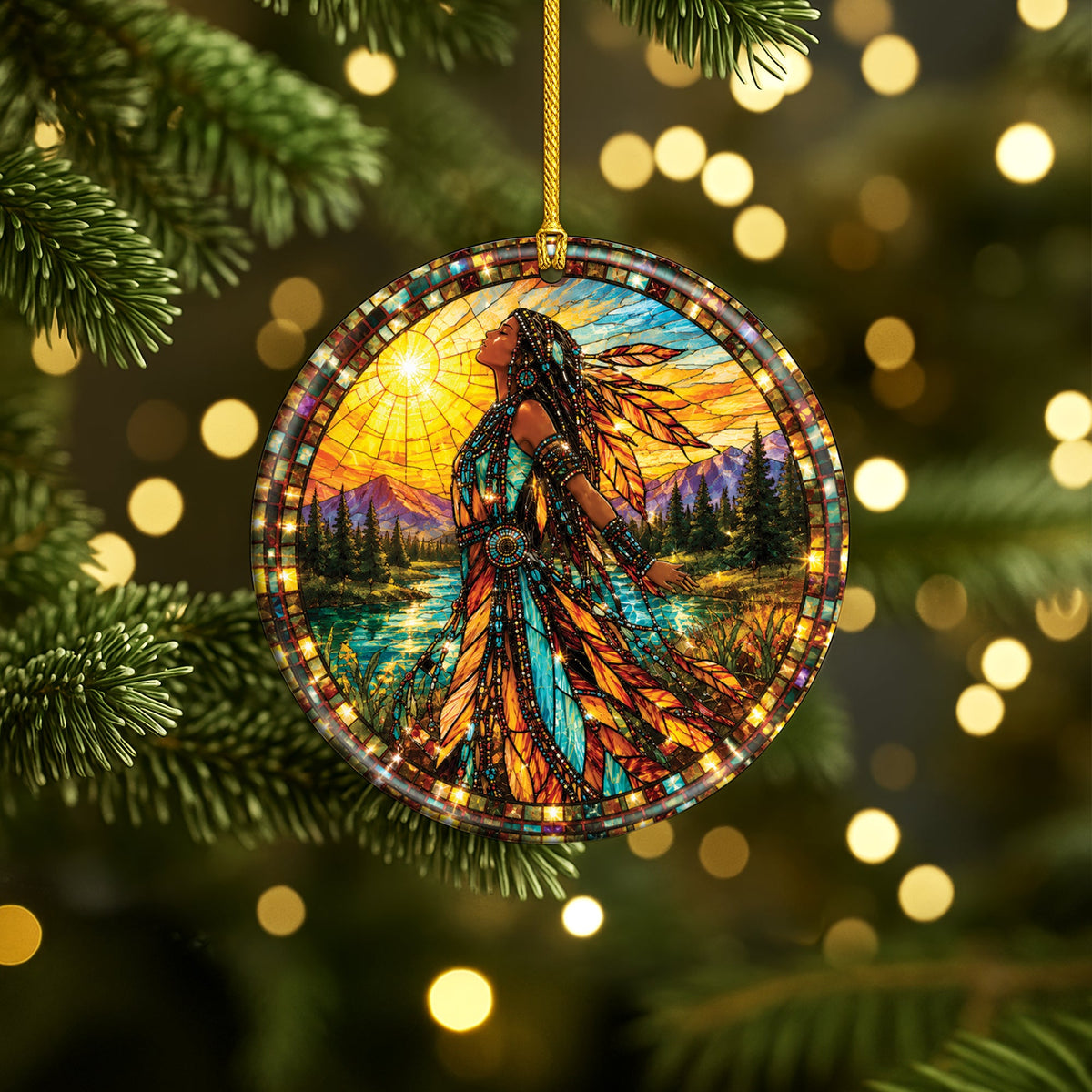 Native American Woman Ceramic Ornament - Feather Stained Glass Design