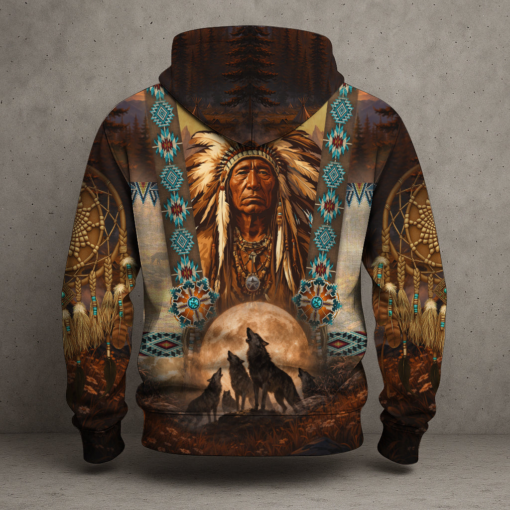 Native American Chief & Wolf Spirit Hoodie – Tribal Dreamcatcher Native Pride Pullover