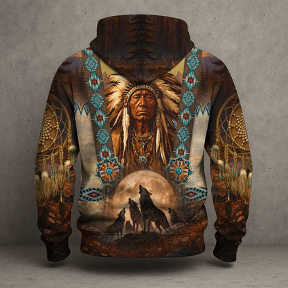 Native American Chief & Wolf Spirit Hoodie – Tribal Dreamcatcher Native Pride Pullover