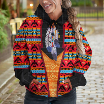 Tribal Feather Hoodie – Bold Red & Geometric Patterns