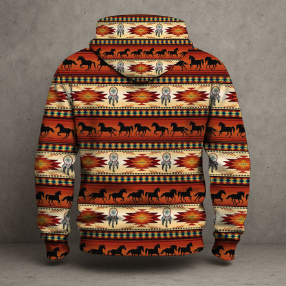 Native American 3D Hoodie – Horse Silhouette Tribal Pattern Southwestern Style