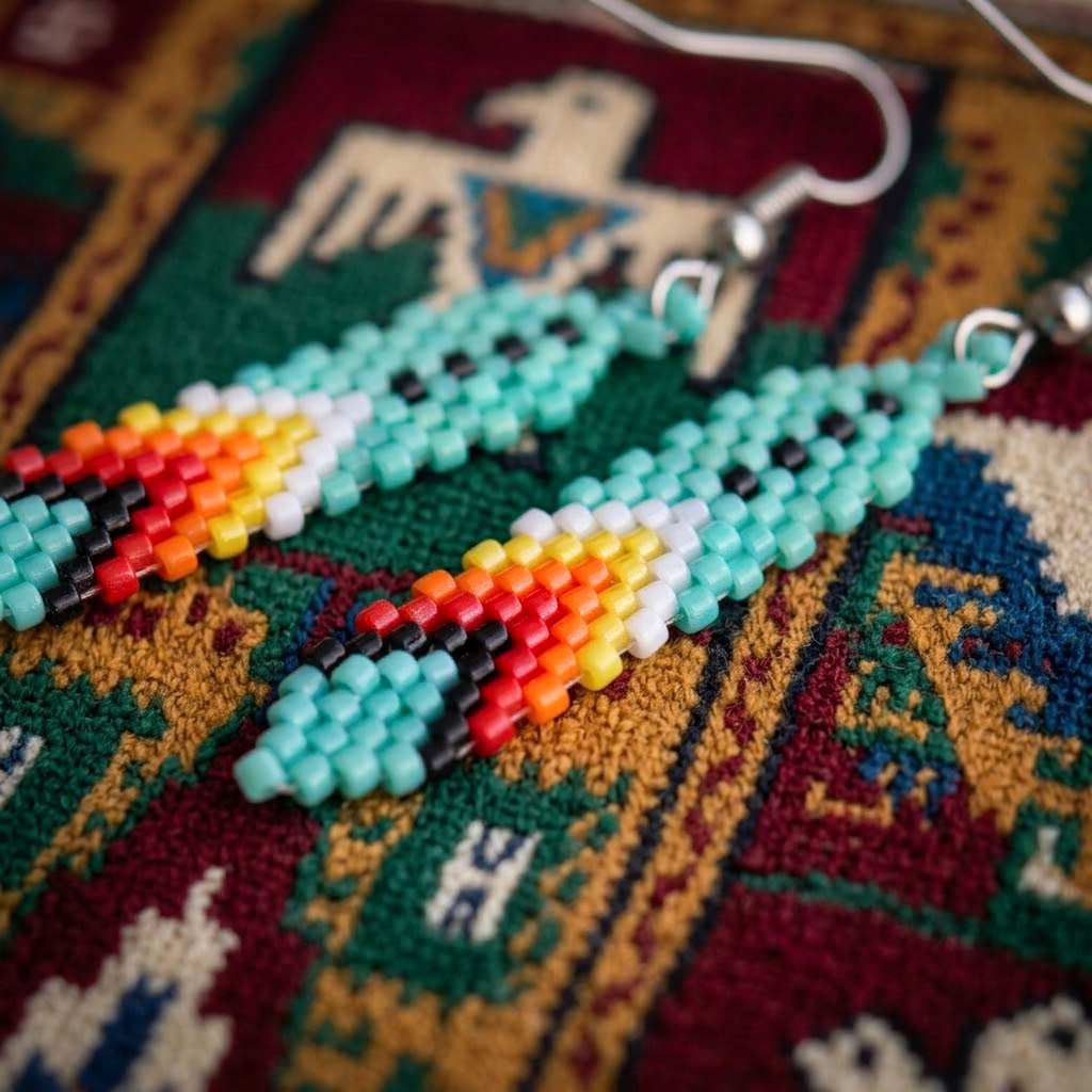 Handmade Beaded Feather, Colorful Seed Bead Dangle Earrings