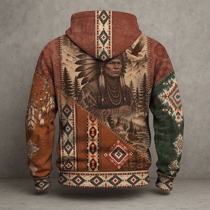 Native American Chief Tribal Patchwork Boho Hoodie