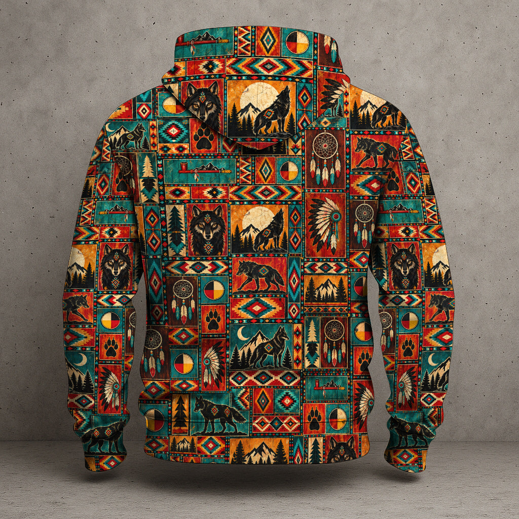 3D Hoodie Native American Inspired Wolf Hoodie Southwestern Heritage Patchwork Pullover Hoodie