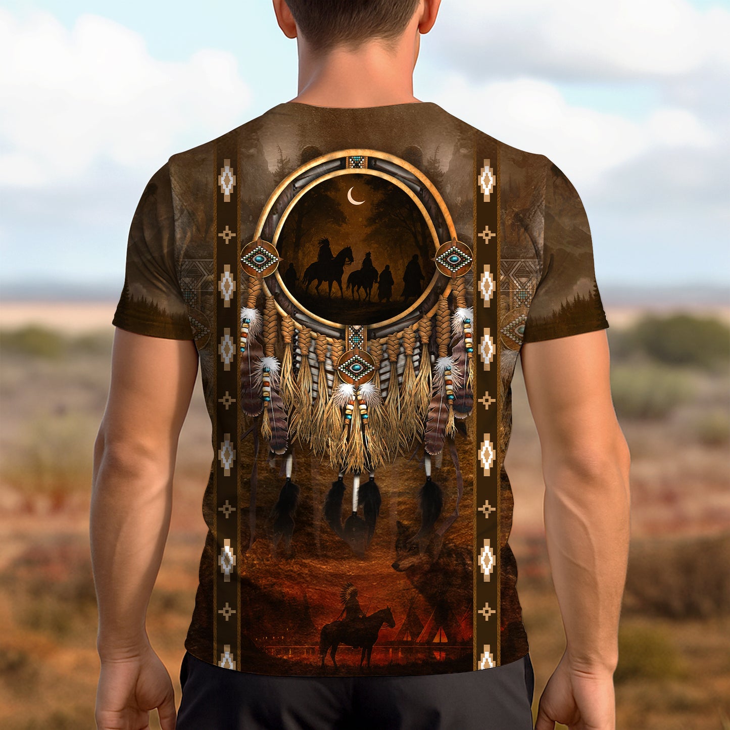 3D T-Shirt " Native Pattern 3D TribaL – Feather & Beaded Design with Moonlit Horse"