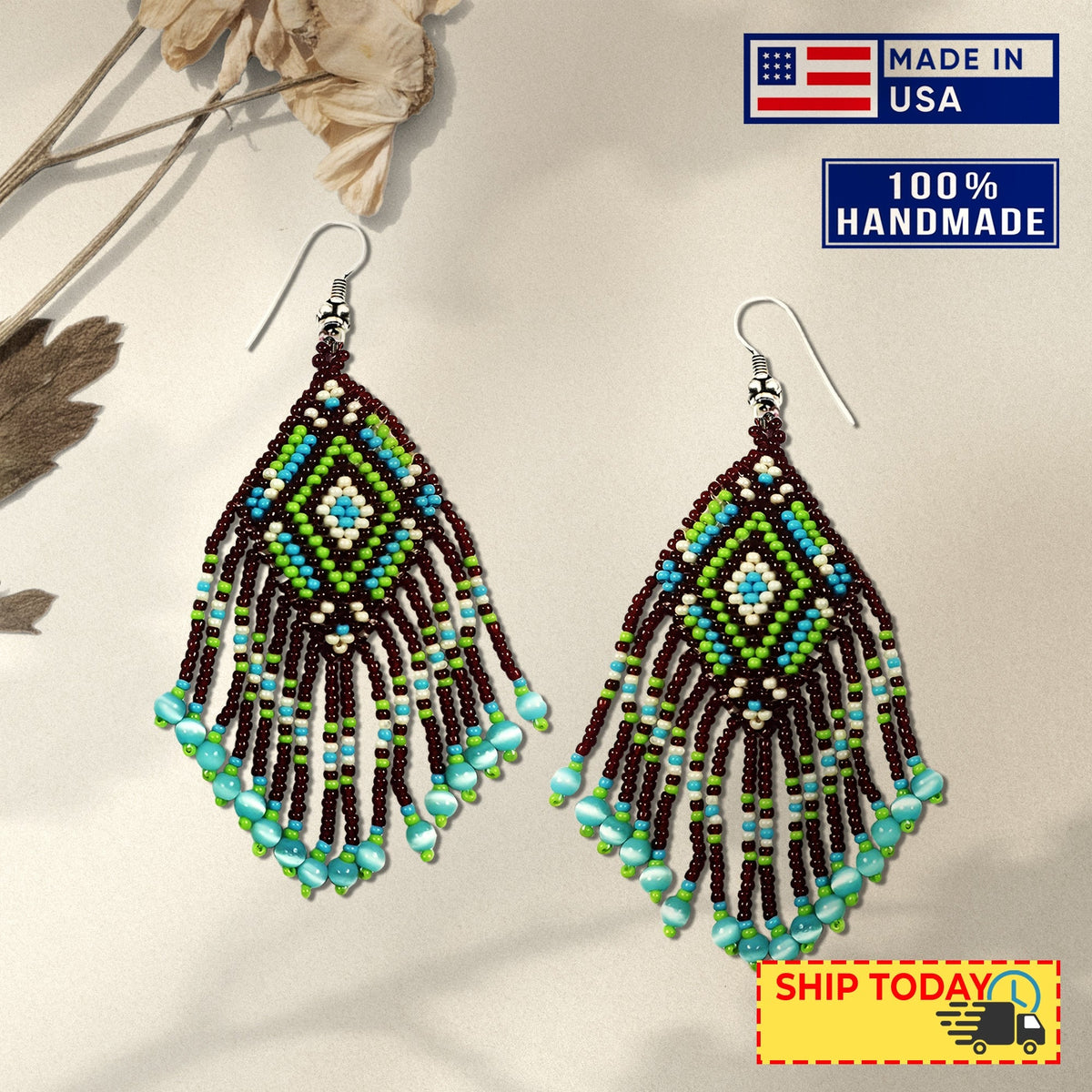 Brown Seed Bead  Pattern Beaded Handmade Earrings For Women
