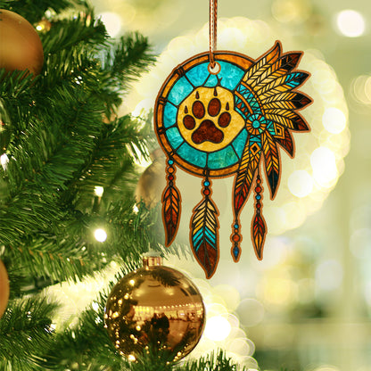 Turquoise Paw Print Dreamcatcher – Boho Stained Glass Christmas Ornament Acrylic