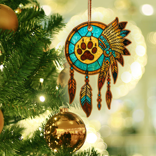 Turquoise Paw Print Dreamcatcher – Boho Stained Glass Christmas Ornament Acrylic