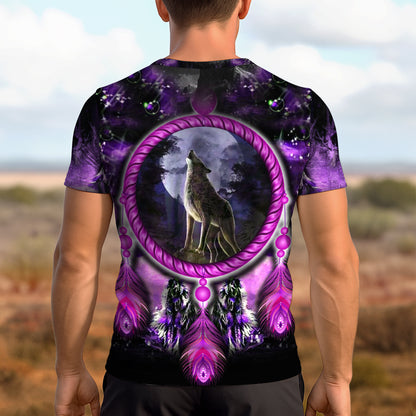 3D T-Shirt " Wolf Dreamcatcher – Purple Tribal Moon Howl Design"