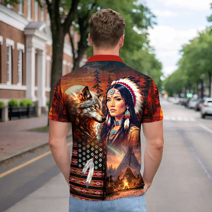 Native American  Polo Shirt - Wolf And Women Native