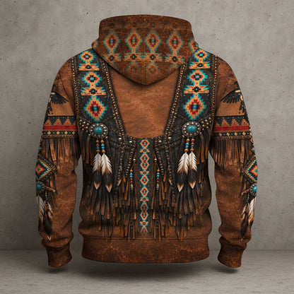 Native American Faux Leather Vest Hoodie, Southwestern Tribal Eagle Feather Graphic