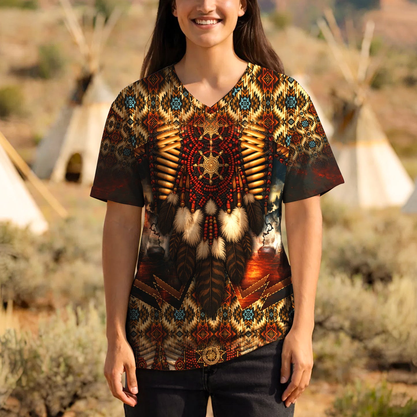 3D T-Shirt " Native Spirit Guardian – Sacred Bead & Feather Warrior"
