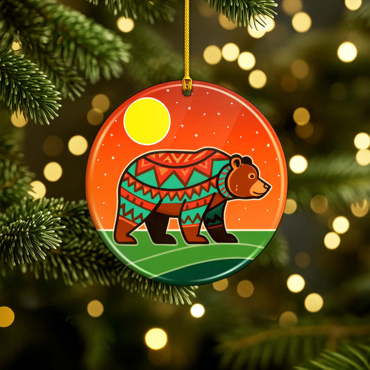 Tribal Bear Ceramic Ornament - Indigenous Inspired for Holiday Decor