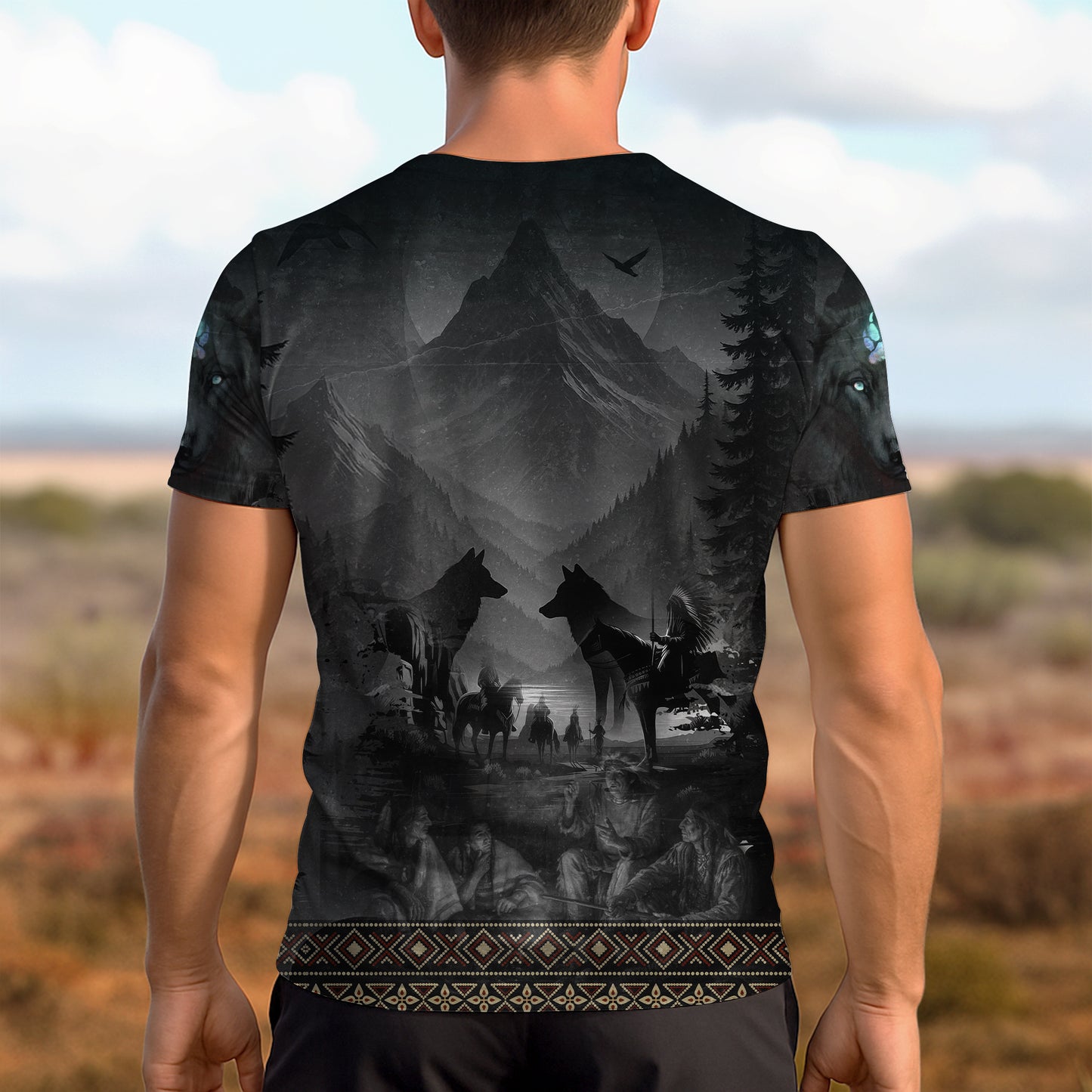 3D T-Shirt - "Tribal Wolf Guardian  – 3D Native Spirit Artwork, Blue Eyes Wolf Totem"