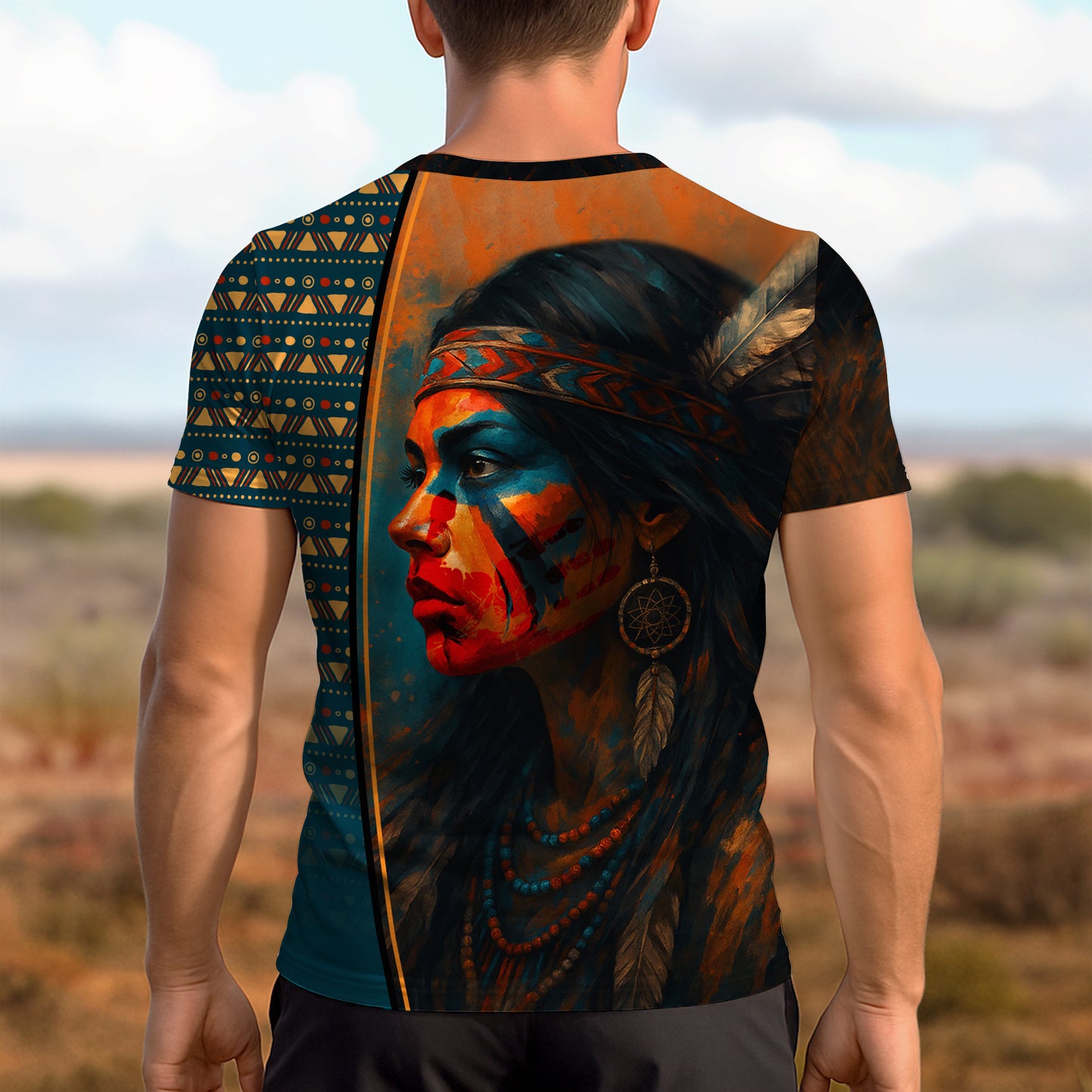 3D T-Shirt " Tribal Feather – Bold Red & Geometric Patterns & MMIW"