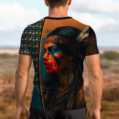 3D T-Shirt " Tribal Feather – Bold Red & Geometric Patterns & MMIW"