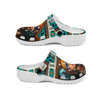 Custom Name Boho Clogs – Beautiful Native Girl, Wolf Symbol & Meaningful Gift for Family