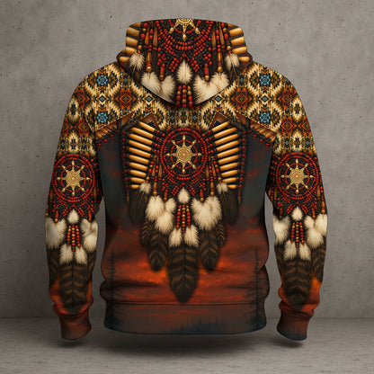 Native Spirit Guardian – Sacred Bead & Feather Warrior 3D Hoodie