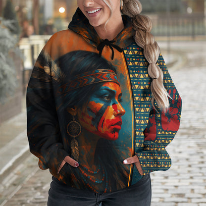 Tribal Feather Hoodie – Bold Red & Geometric Patterns & MMIW