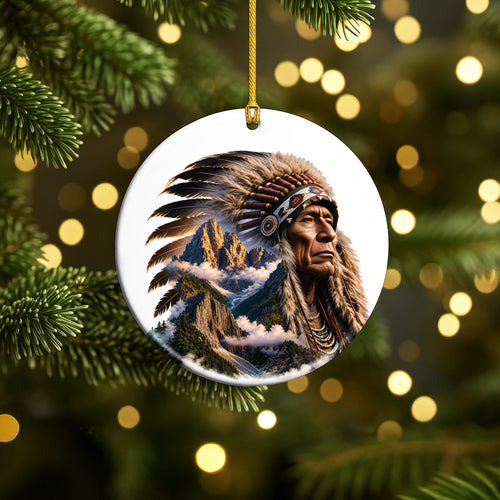 Native American Mountain Warrior Christmas Ornament – Indigenous Spirit Ceramic Holiday Hanging Decor