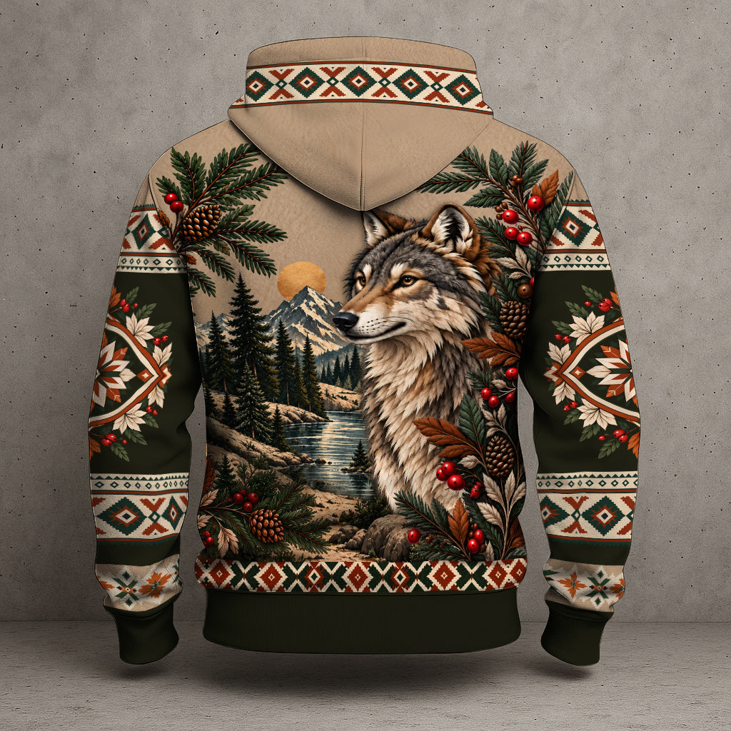Native American Wolf Hoodie - Tribal Wolf, Mountain & Forest Design