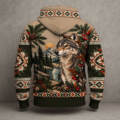 Native American Wolf Hoodie - Tribal Wolf, Mountain & Forest Design