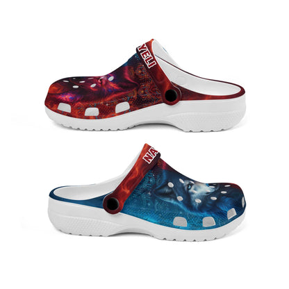 Custom Name Wolf Spirit Clogs – Fire & Ice Contrast | Tribal Design & Gift for Family